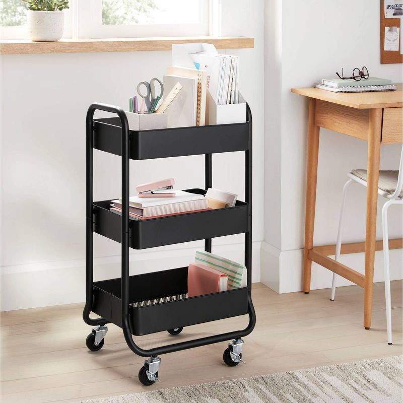 slide 2 of 3, 3 Tier Metal Utility Cart Black - Brightroom™: Rolling Storage Trolley with Wheels, Powder-Coated, Rust-Resistant, 1 ct