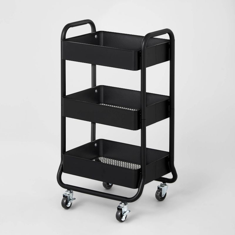 slide 1 of 3, 3 Tier Metal Utility Cart Black - Brightroom™: Rolling Storage Trolley with Wheels, Powder-Coated, Rust-Resistant, 1 ct