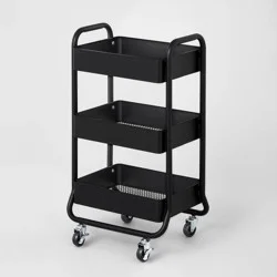 3 Tier Metal Utility Cart Black - Brightroom™: Rolling Storage Trolley with Wheels, Powder-Coated, Rust-Resistant