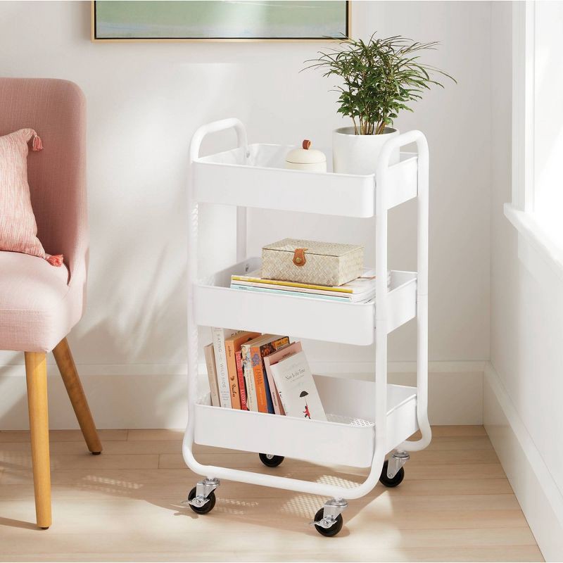 slide 2 of 3, 3 Tier Metal Utility Cart White - Brightroom™: Rolling Storage Trolley with Wheels, Powder-Coated Steel, 31.3" Height, 1 ct