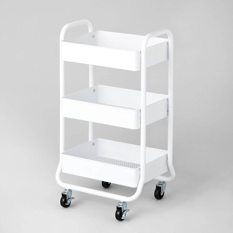 slide 1 of 3, 3 Tier Metal Utility Cart White - Brightroom™: Rolling Storage Trolley with Wheels, Powder-Coated Steel, 31.3" Height, 1 ct