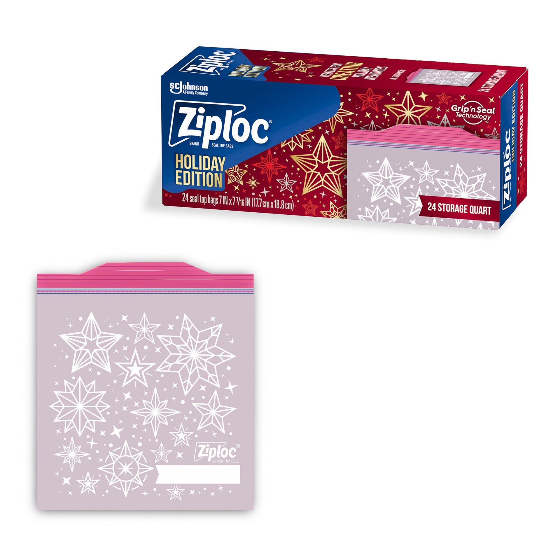 slide 5 of 5, Ziploc Brand Storage Bags Holiday, Quart, 24 Count, 24 ct
