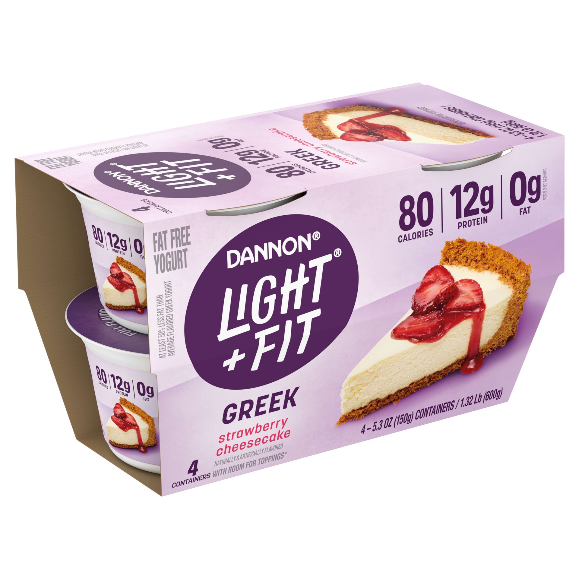 slide 3 of 5, Dannon Light + Fit Strawberry Cheesecake Greek Fat Free Yogurt Pack, 4 Ct, 5.3 OZ Cups, 4 ct