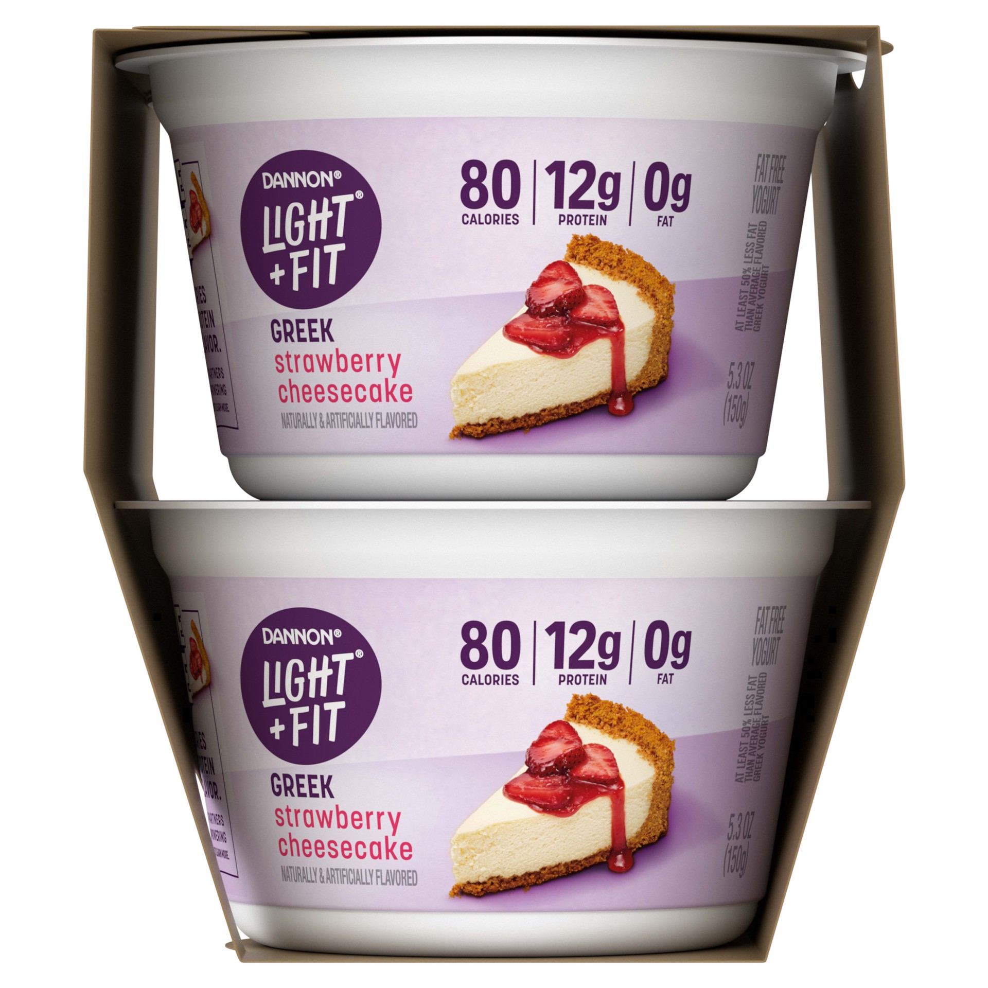 slide 2 of 5, Dannon Light + Fit Strawberry Cheesecake Greek Fat Free Yogurt Pack, 4 Ct, 5.3 OZ Cups, 4 ct