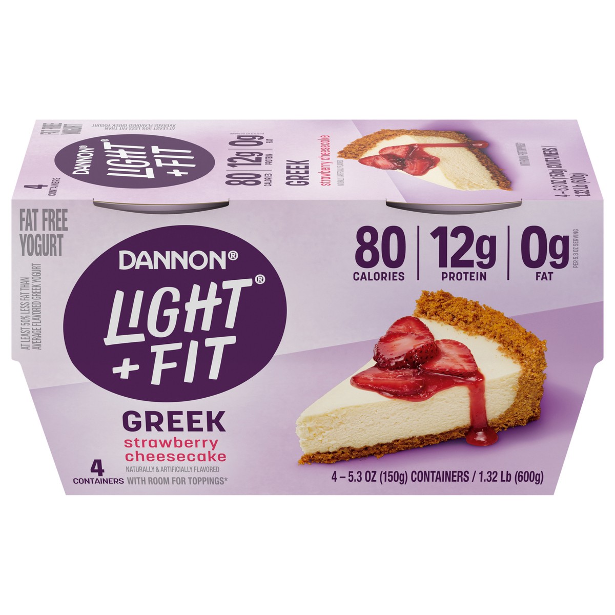 slide 1 of 5, Dannon Light + Fit Strawberry Cheesecake Greek Fat Free Yogurt Pack, 4 Ct, 5.3 OZ Cups, 4 ct