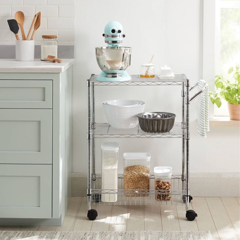 slide 2 of 3, 3 Tier Metal Utility Cart Chrome - Brightroom™: Rolling Kitchen Storage with Adjustable Shelves, Steel, 32.38" Height, 1 ct