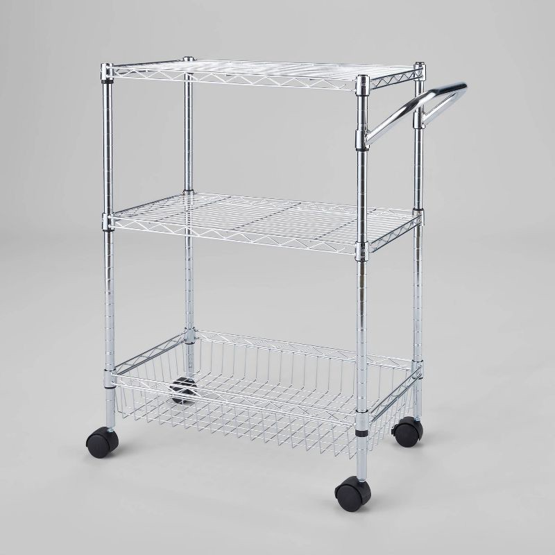 slide 1 of 3, 3 Tier Metal Utility Cart Chrome - Brightroom™: Rolling Kitchen Storage with Adjustable Shelves, Steel, 32.38" Height, 1 ct