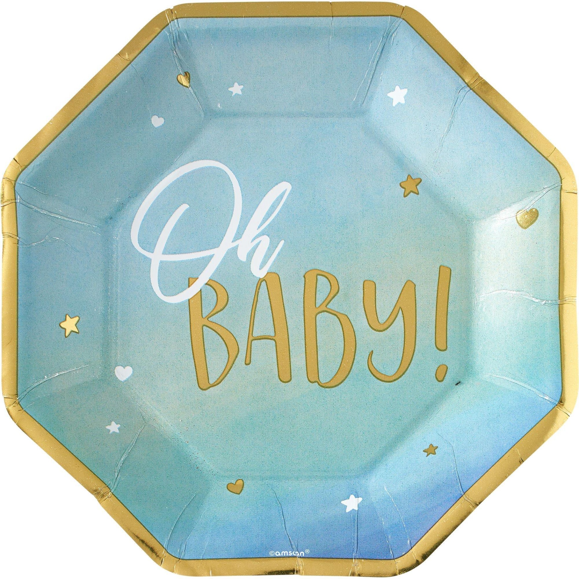 slide 1 of 1, Party City Blue & Metallic Gold Oh Baby Dinner Plates, 8 ct