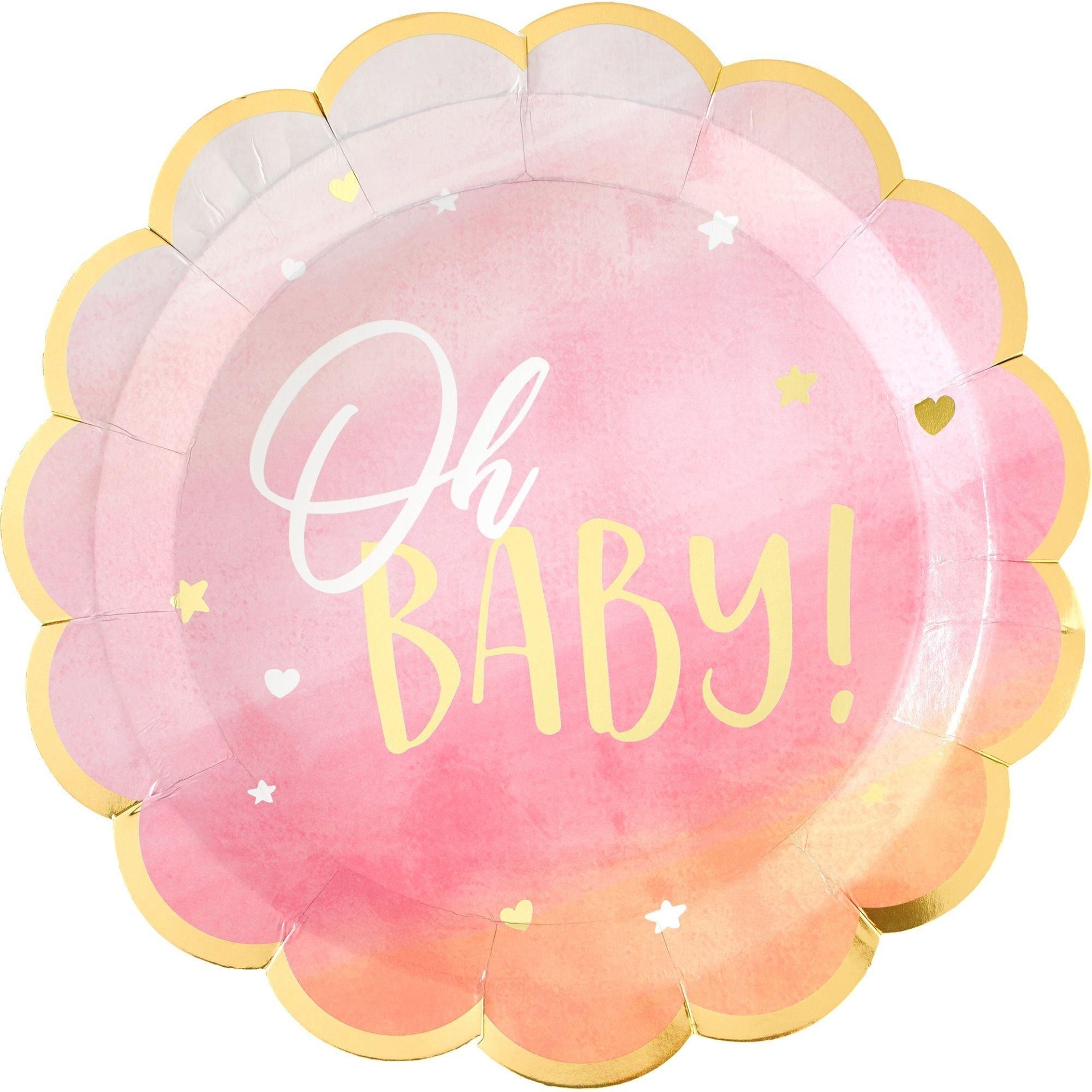 slide 1 of 1, Party City Metallic Gold & Pink Oh Baby Dinner Plates, 8 ct