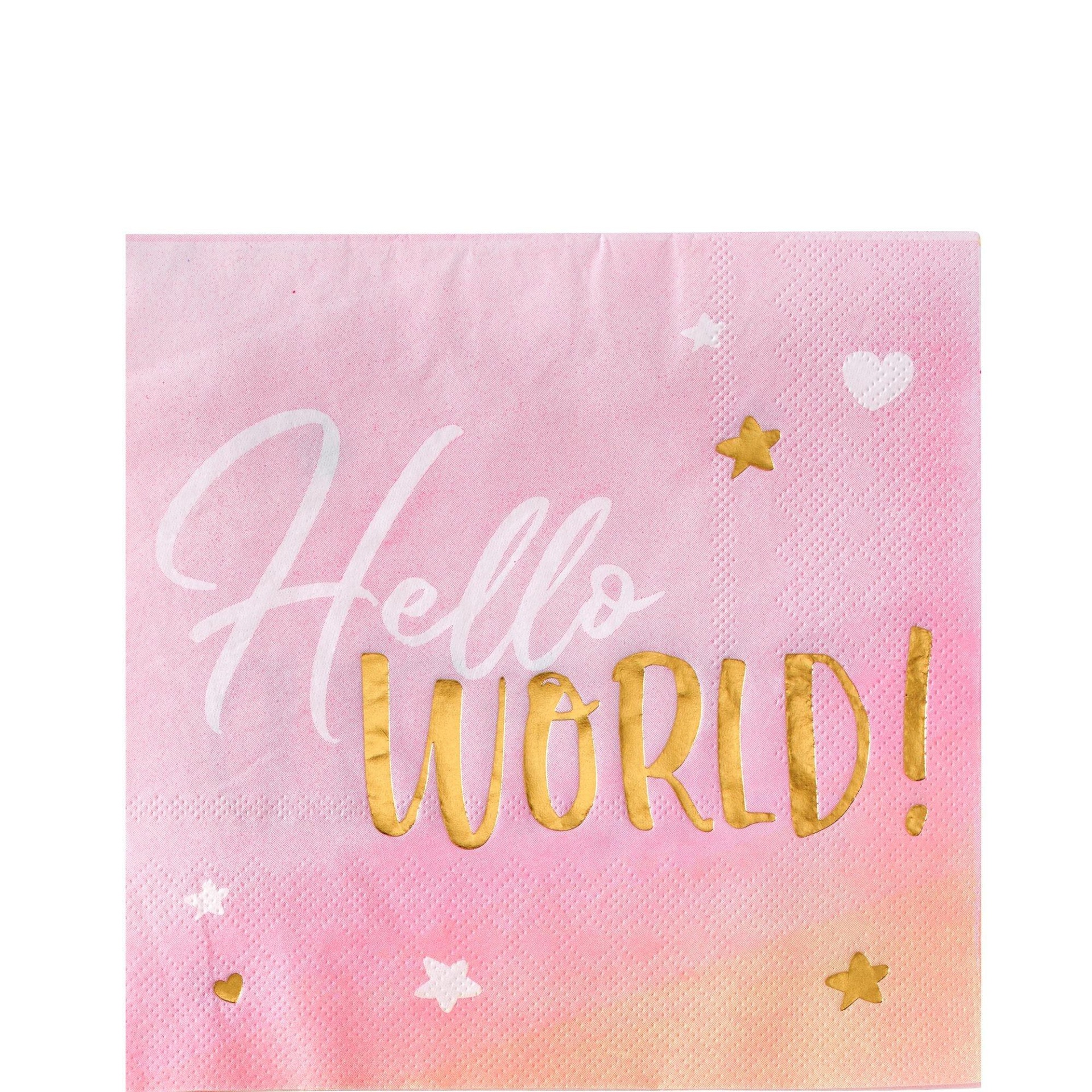 slide 1 of 1, Party City Metallic Gold & Pink Hello World Lunch Napkins, 16 ct
