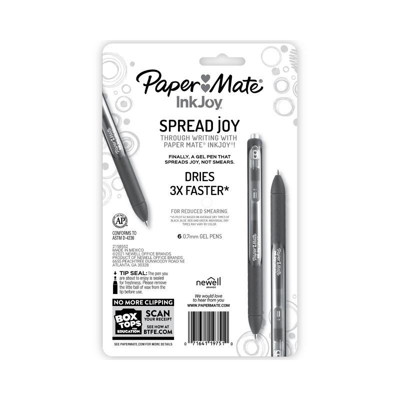 slide 8 of 8, Paper Mate Ink Joy 6pk Gel Pens 0.7mm Medium Tip Bold Colors: Retractable, Quick Drying, Multicolored, Rubber Grip, 6 ct
