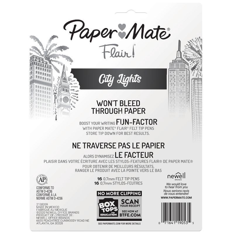 slide 5 of 8, Paper Mate Flair City Lights 16pk Felt Pens 0.7mm Medium Tip Metallic Multicolored: Porous Point, Durable, Fade-Resistant, 16 ct