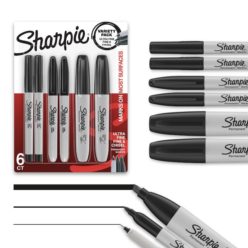 slide 1 of 6, Sharpie 6pk Permanent Markers Ultra Fine/Fine/Chisel Tip Black: Art Stationery, Fadeproof, Office Supplies, Thick & Thin Tips, 6 ct