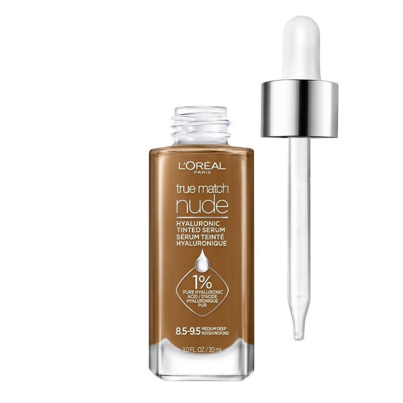 slide 1 of 9, L'Oreal Paris True Match Hyaluronic Tinted Serum Makeup Skincare Hybrid - 8.5-9.5 Medium Deep - 1 fl oz, 1 fl oz