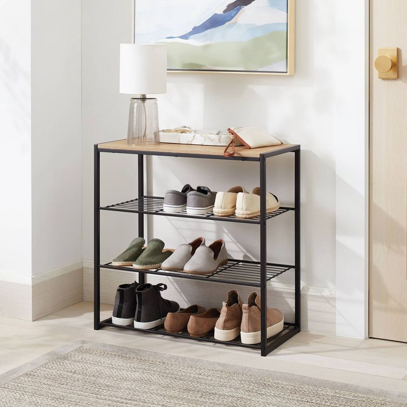 slide 2 of 3, 4 Tier Shoe Rack Black Metal with Natural Wood - Brightroom™, 1 ct