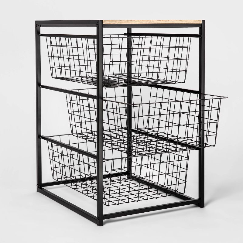 slide 3 of 4, 3 Drawer Organizer Black Metal with Natural Wood - Brightroom™: Decorative Storage Drawers, Bedroom Dresser, Anti-Tip, 1 ct