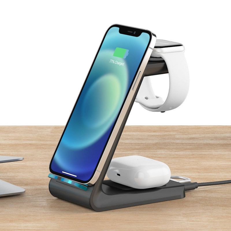 slide 3 of 4, Just Wireless 3-in-1 Qi Charging Pad Compact Design with 6' TPU Cable - Black, 1 ct