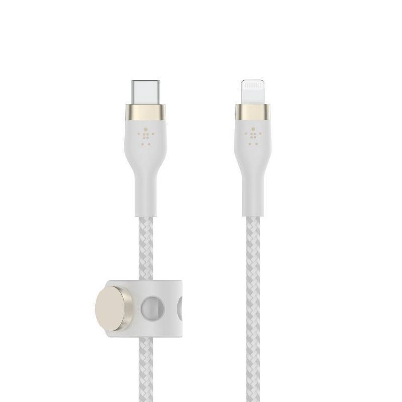 slide 1 of 7, Belkin BoostCharge Pro Flex USB-C Lightning Connector 10' Cable + Strap - White, 1 ct