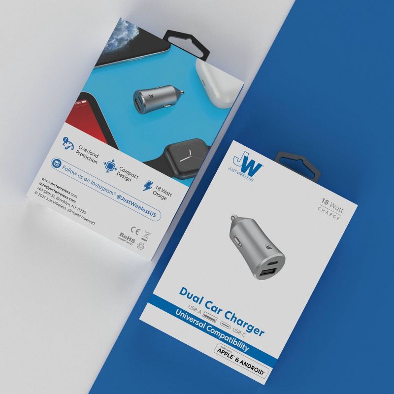 slide 6 of 6, Just Wireless 3.4A Dual Port USB-A and USB-C Car Charger - Gray, 1 ct