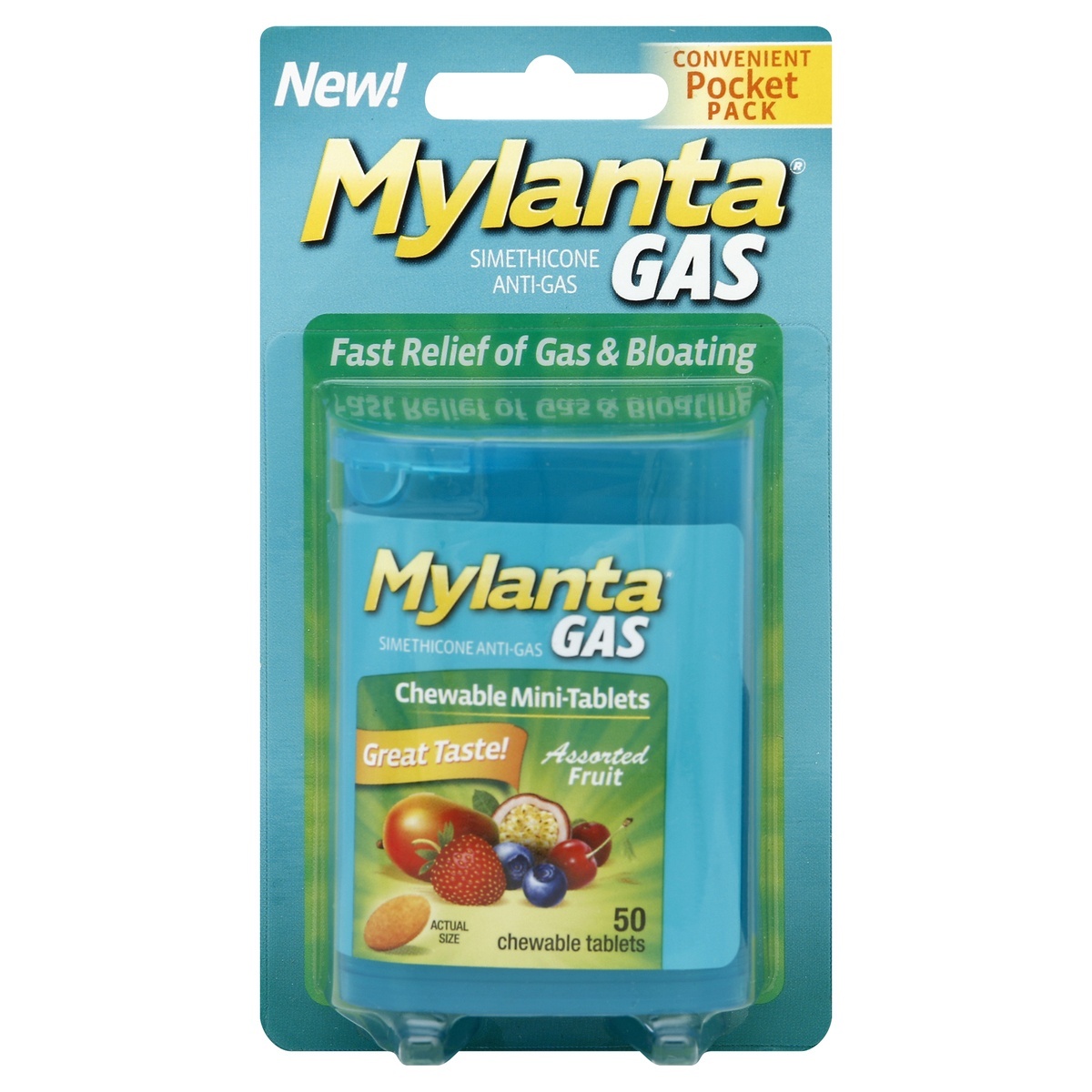 slide 1 of 1, Mylanta Gas Minis Chewable Tablets Assorted Fruit, 50 ct