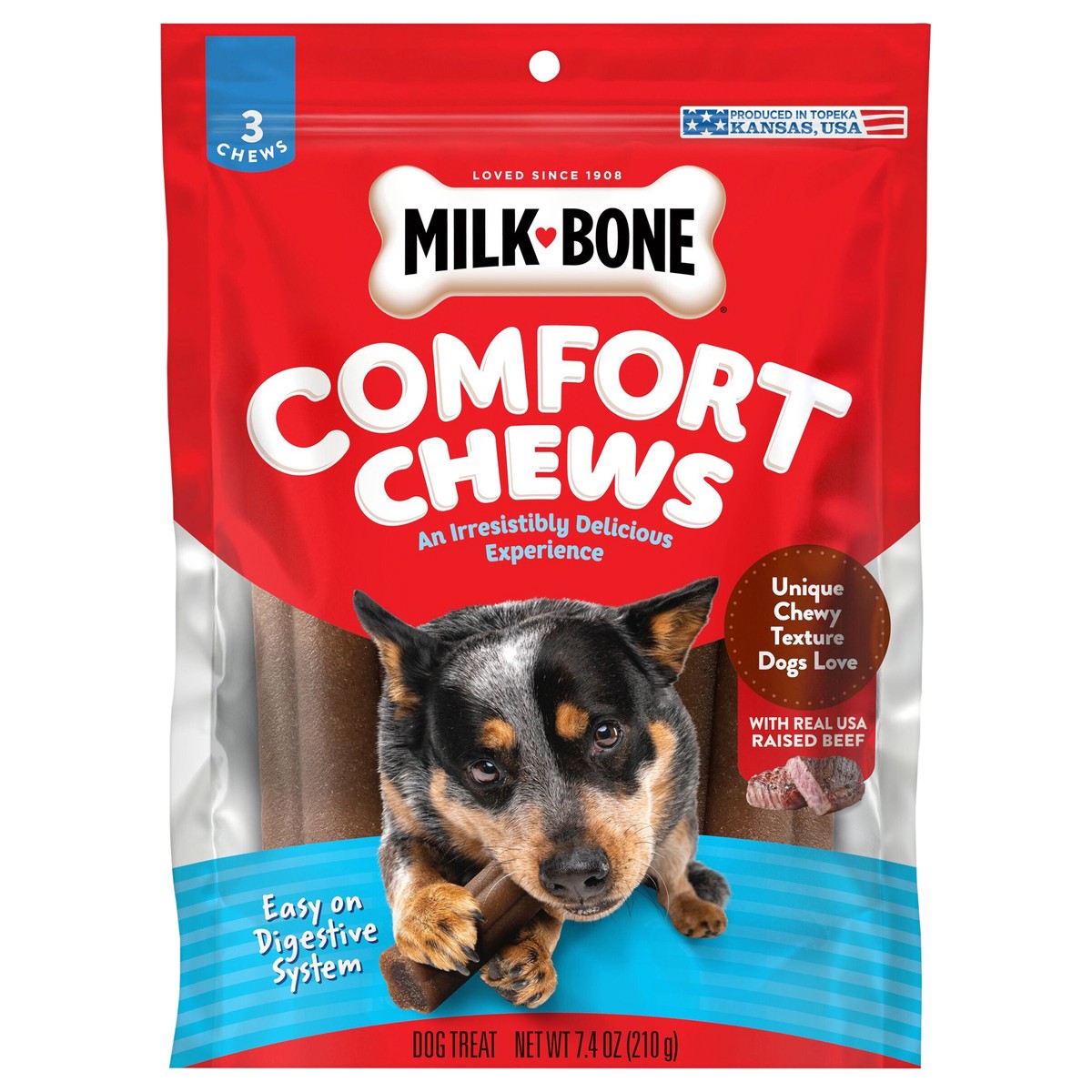 slide 1 of 1, Milk-Bone Comfort Chews, Dog Chews with Unique Chewy Texture and Real Beef, 7.4 Oz. Bag of 3 Chews, 3 ct
