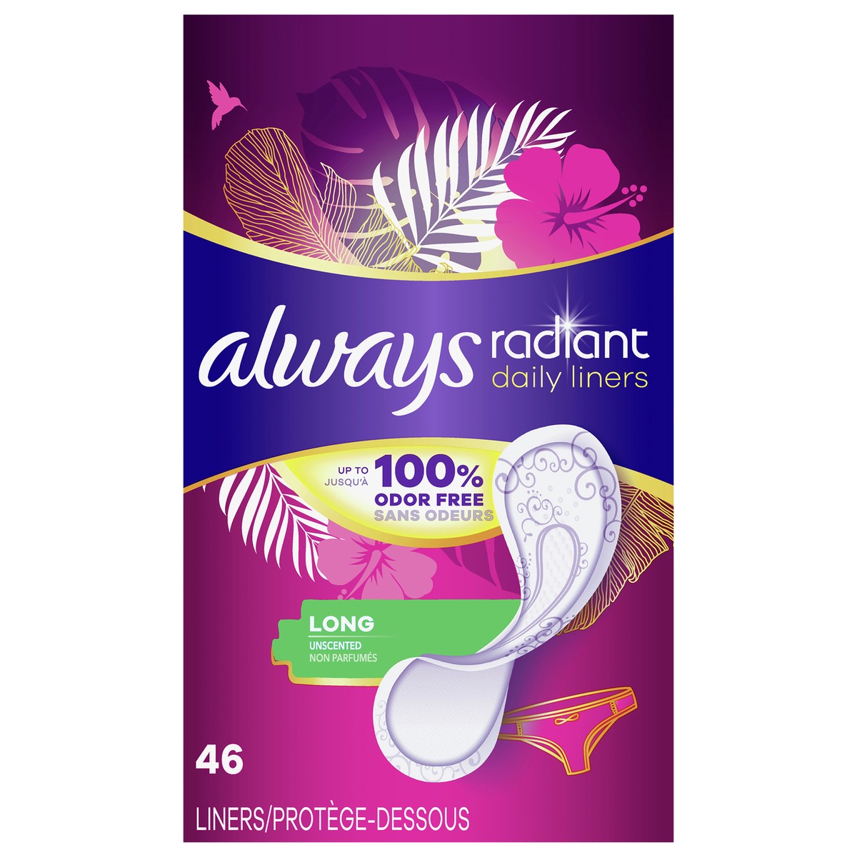 slide 8 of 8, Always Radiant Daily Liners Light Absorbency, Long Length, Up to 100% Odor Free and Fragrance Free, with Edge-2-Edge Adhesive, 46 Count, 46 ct