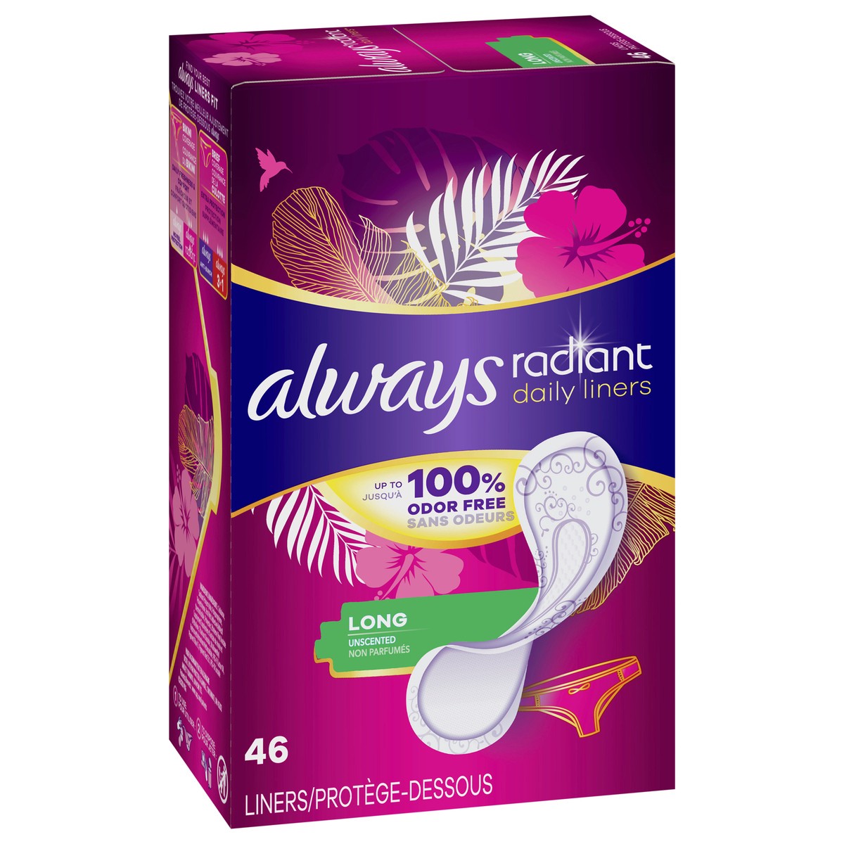 slide 2 of 8, Always Radiant Daily Liners Light Absorbency, Long Length, Up to 100% Odor Free and Fragrance Free, with Edge-2-Edge Adhesive, 46 Count, 46 ct