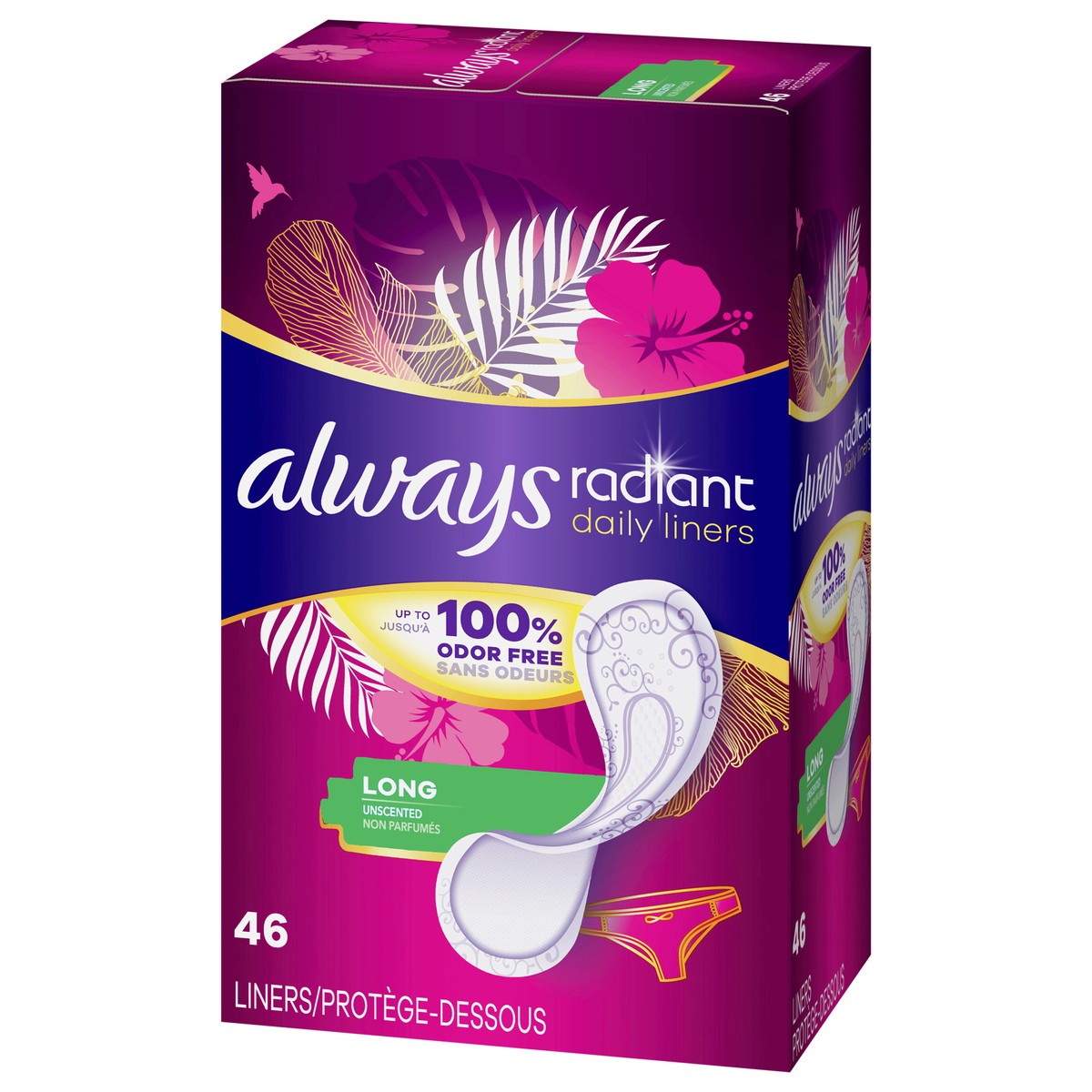 slide 6 of 8, Always Radiant Daily Liners Light Absorbency, Long Length, Up to 100% Odor Free and Fragrance Free, with Edge-2-Edge Adhesive, 46 Count, 46 ct