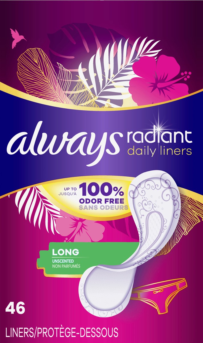 slide 3 of 8, Always Radiant Daily Liners Light Absorbency, Long Length, Up to 100% Odor Free and Fragrance Free, with Edge-2-Edge Adhesive, 46 Count, 46 ct