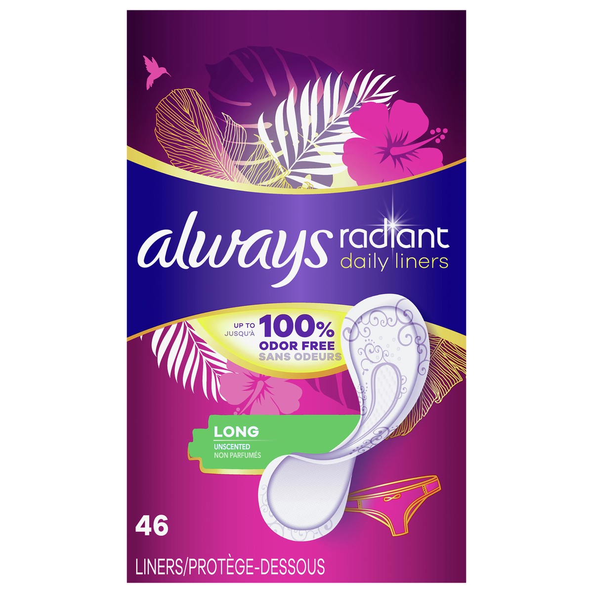 slide 4 of 8, Always Radiant Daily Liners Light Absorbency, Long Length, Up to 100% Odor Free and Fragrance Free, with Edge-2-Edge Adhesive, 46 Count, 46 ct