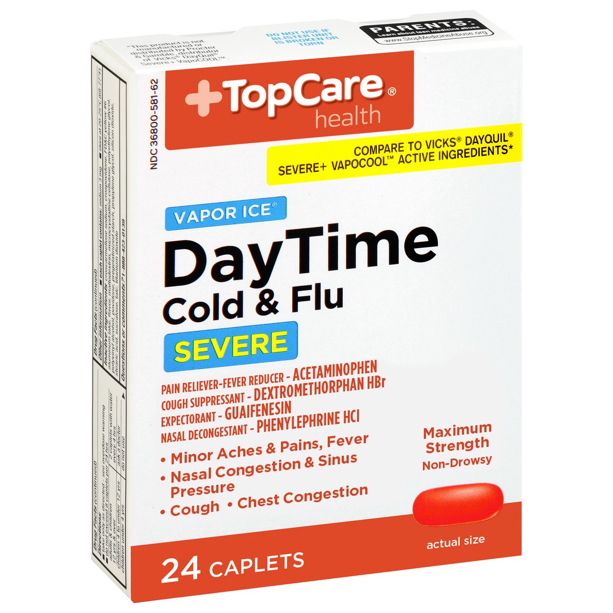 slide 2 of 10, TopCare Health Vapor Ice Maximum Strength Severe DayTime Cold & Flu 24 Caplets, 24 ct