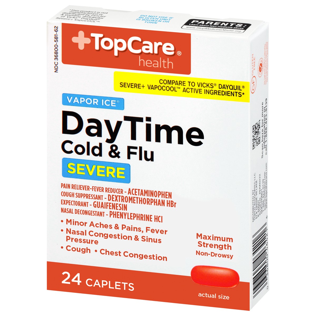 slide 3 of 10, TopCare Health Vapor Ice Maximum Strength Severe DayTime Cold & Flu 24 Caplets, 24 ct