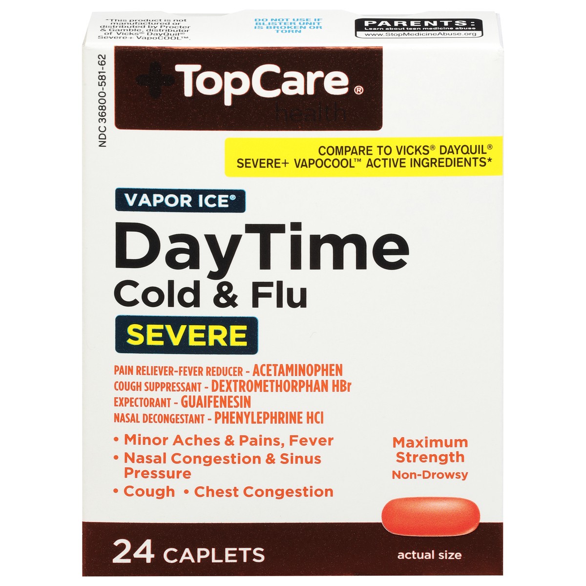 slide 1 of 10, TopCare Health Vapor Ice Maximum Strength Severe DayTime Cold & Flu 24 Caplets, 24 ct