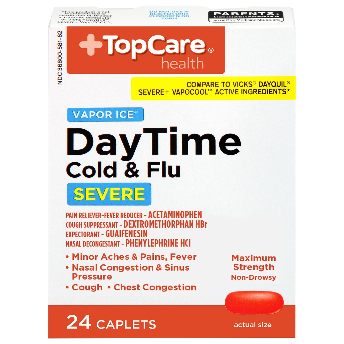 slide 7 of 10, TopCare Health Vapor Ice Maximum Strength Severe DayTime Cold & Flu 24 Caplets, 24 ct