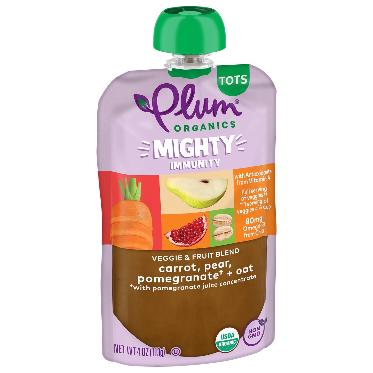 slide 4 of 9, Plum Organics Mighty Immunity Carrot, Pear, Pomegranate + Oat 4oz Pouch, 4 oz