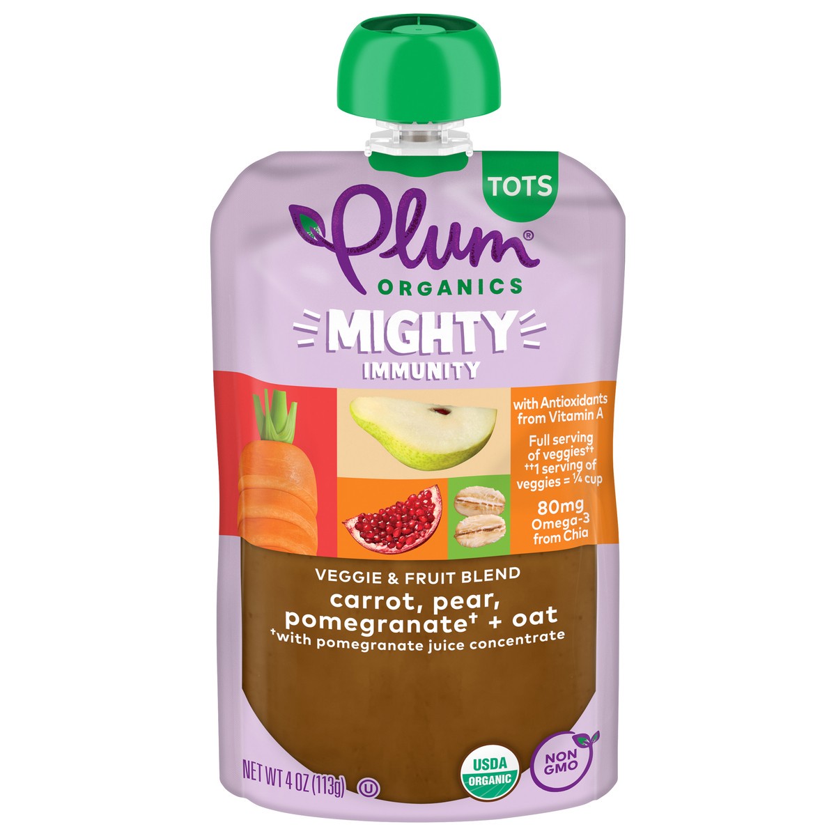 slide 1 of 9, Plum Organics Mighty Immunity Carrot, Pear, Pomegranate + Oat 4oz Pouch, 4 oz