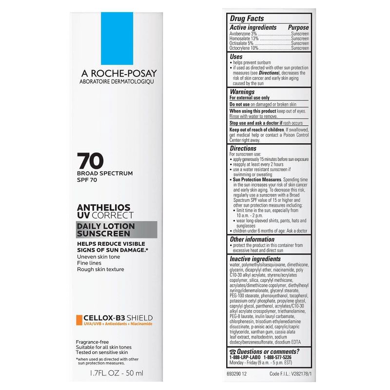 slide 6 of 8, La Roche Posay Anthelios, UV Correct Daily Anti-Aging Face Sunscreen, Oxybenzone and Oil-Free Sheer Finish Sunscreen - SPF 70 - 1.7 fl oz, 70 x 1.7 fl oz