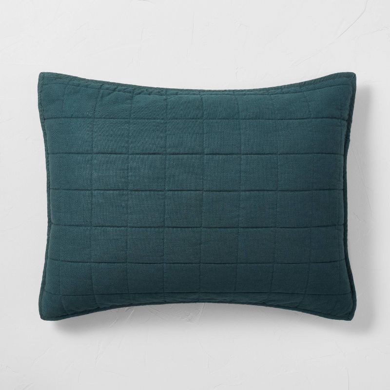 slide 1 of 5, Standard Heavyweight Linen Blend Quilt Pillow Sham Dark Teal Blue - Casaluna™, 1 ct