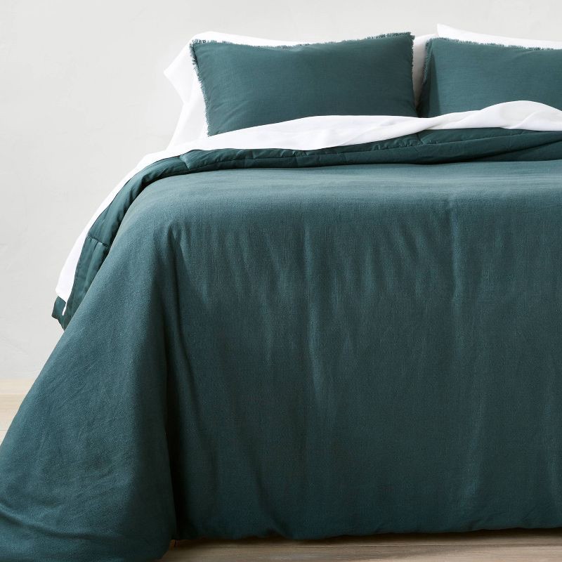 slide 1 of 8, King/California King Heavyweight Linen Blend Comforter & Sham Set Dark Teal Blue - Casaluna™: Woven Rayon, Zipper Closure, 1 ct