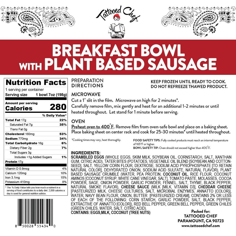 slide 3 of 3, Tattooed Chef Frozen Plant Based Sausage Breakfast Bowl, 7 oz