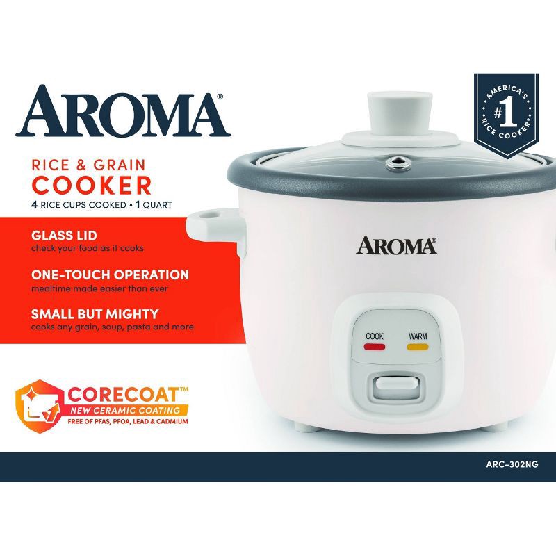 slide 13 of 13, Aroma 4 Cup Pot Style Rice Cooker White: Nonstick, Stay-Cool Handles, 1 Setting, 250W, Includes Glass Lid & Manual, 1 ct