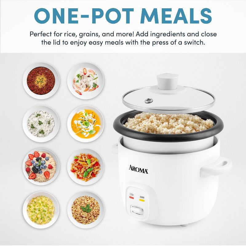 slide 6 of 13, Aroma 4 Cup Pot Style Rice Cooker White: Nonstick, Stay-Cool Handles, 1 Setting, 250W, Includes Glass Lid & Manual, 1 ct