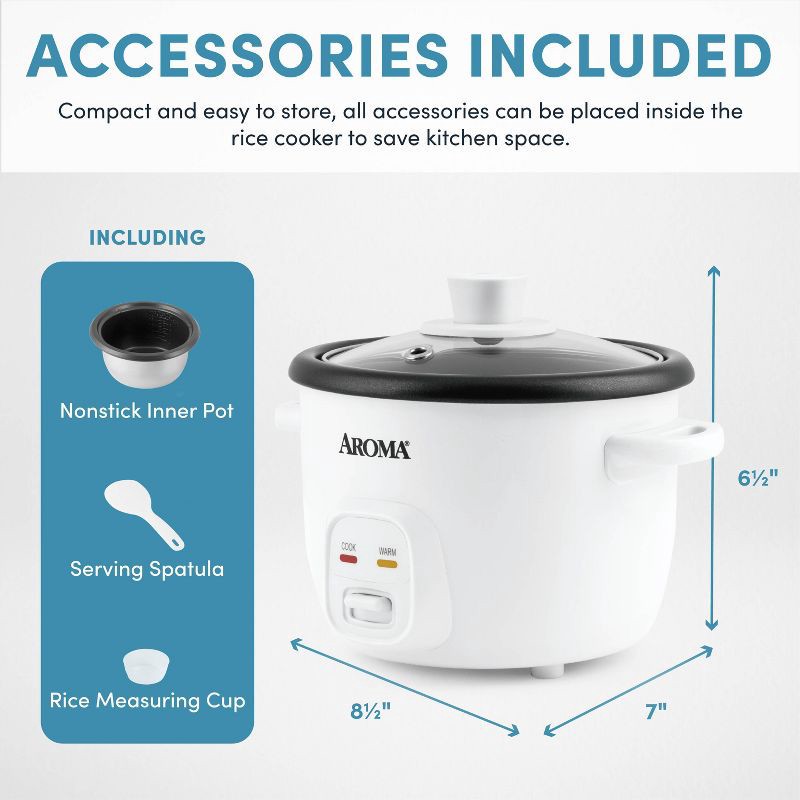 slide 8 of 13, Aroma 4 Cup Pot Style Rice Cooker White: Nonstick, Stay-Cool Handles, 1 Setting, 250W, Includes Glass Lid & Manual, 1 ct