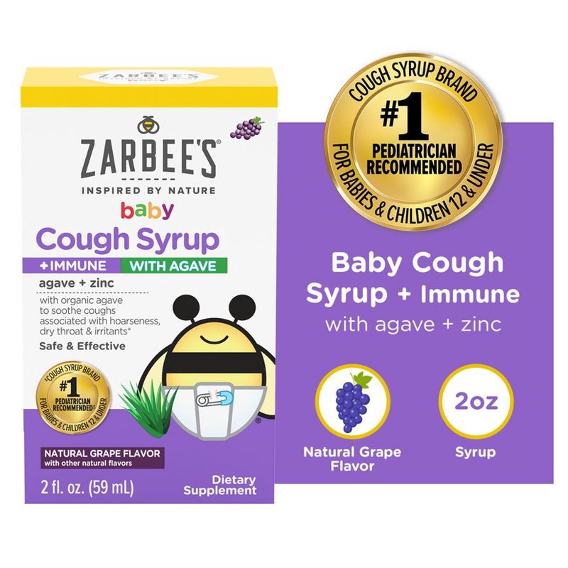slide 8 of 9, Zarbee's Baby Cough Syrup + Immune with Organic Agave & Zinc - Natural Grape Flavor - 2 fl oz, 2 fl oz