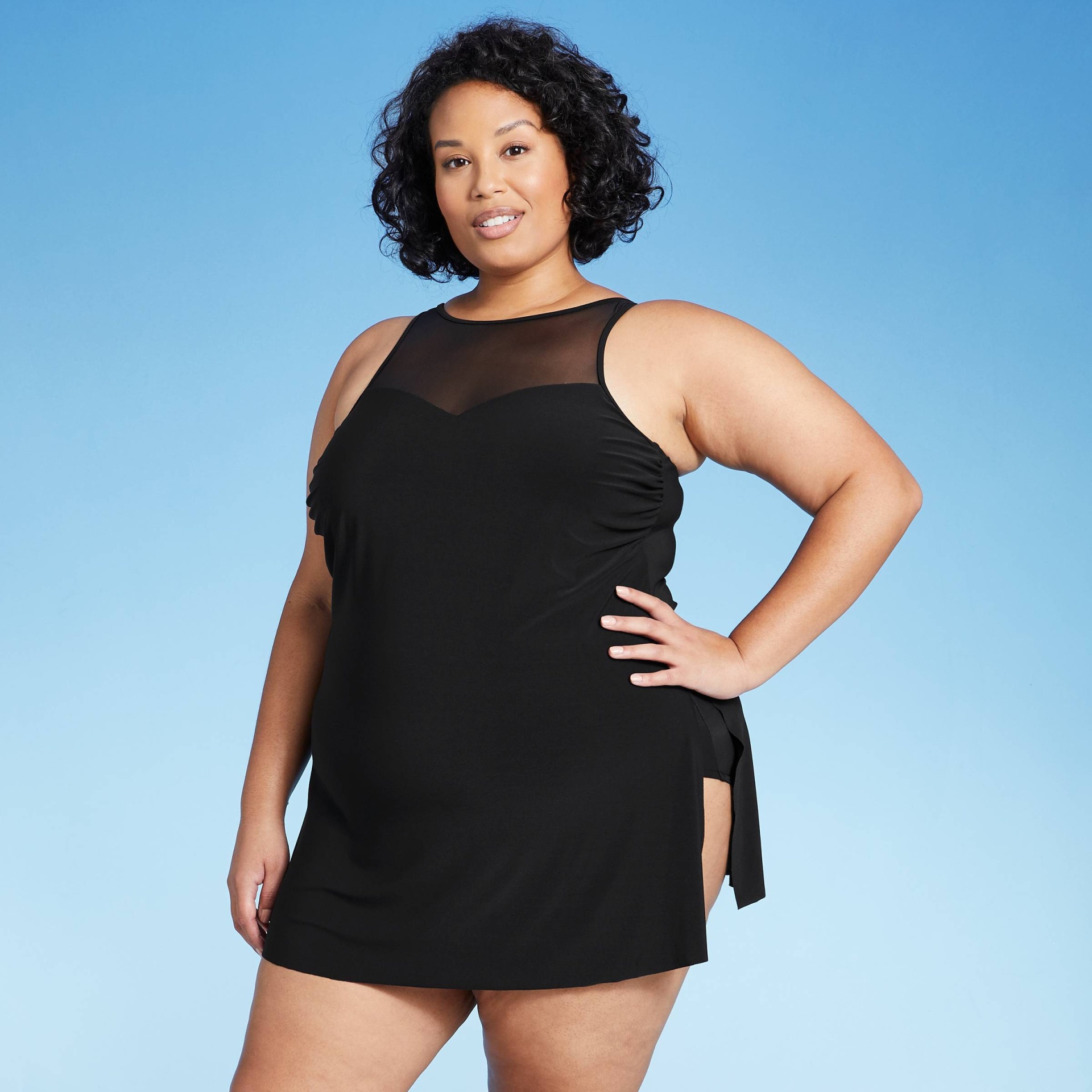 knee length dresses for ladies MBM Swim Black, strapless, mesh, belted one-piece swimsuit main image 1