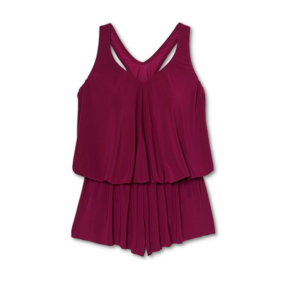 slide 3 of 4, Women's Plus Size Plunge Halter Swim Romper - Aqua Green Burgundy 26W, 1 ct