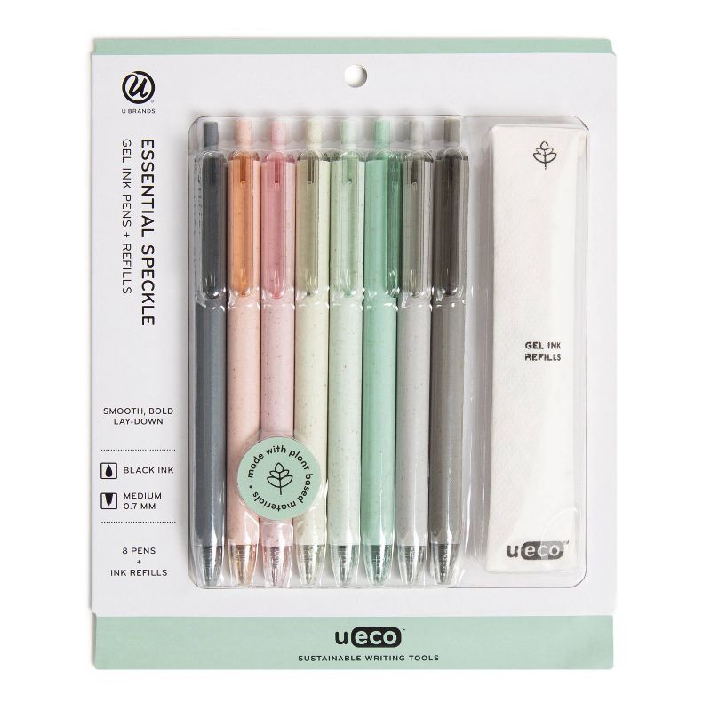 slide 2 of 6, U Brands U-Eco 8ct Gel Ink Pens with Refills Essential Speckle: Refillable Aesthetic Stationery, 0.7mm Black Ink, 8 ct