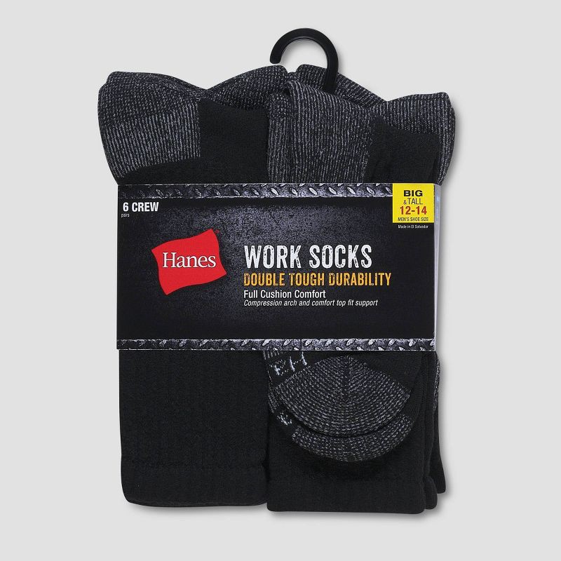 slide 3 of 3, Hanes Men's Big & Tall Work Crew Socks 6pk - Black 12-14, 6 ct
