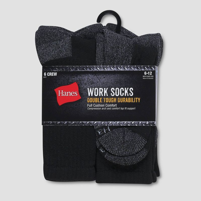 slide 3 of 3, Hanes Men's Work Crew Socks 6pk - Black 6-12: Moisture Wicking, Arch Support, Cushioned Sole, 6 ct