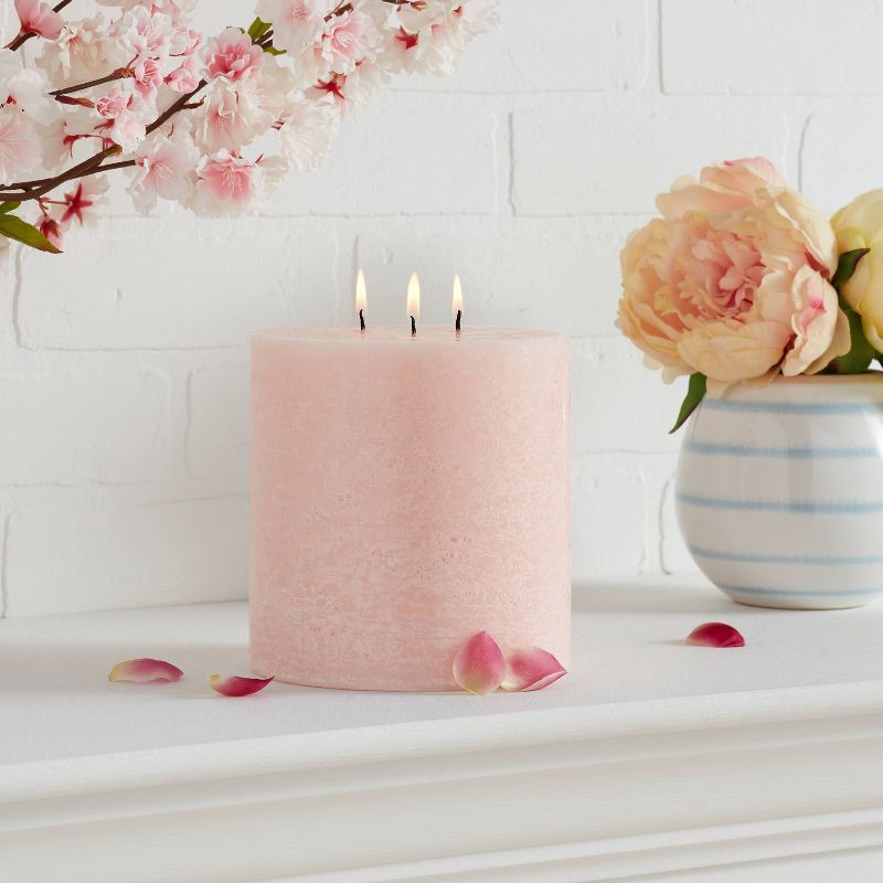 slide 2 of 3, 6"x6" 3-Wick Peony & Cherry Blossom Cozy Pillar Candle Pink - Threshold™: Modern Traditional Decor, 95hr Burn Time, 1 ct